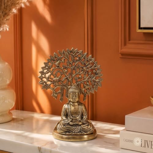 Image of BEHOMA Golden Buddha Statue Under Bodhi Tree | Metal Idol for Home Decor