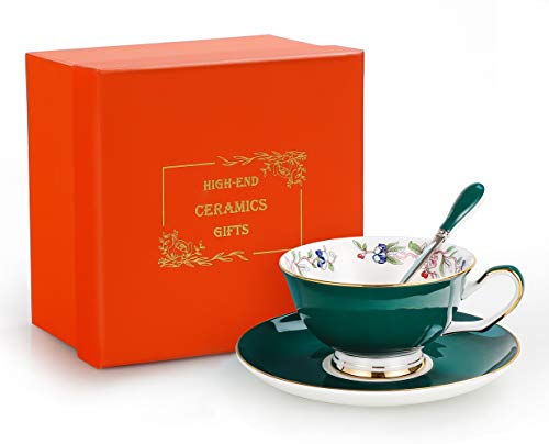 Bone China Cup and Saucer Set with Spoon Vintage Porcelain Coffee Cup Set, Floral Tea Cup Set with Gold Trim and Gift Box, 7.1oz.