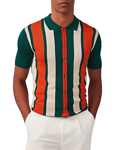 Kallspin Men's Vintage Knit Polo Shirt Short Sleeve Striped Button Down Knitting Golf Shirts