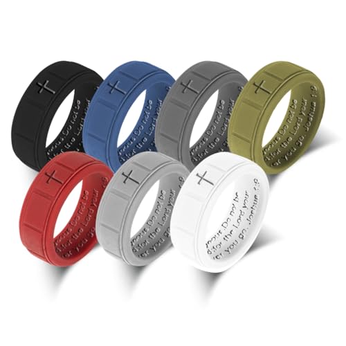 Silicone Christian Ring Set, 7 Pcs Religious Cross Rings with Joshua 1:9 Bible Verse, Comfortable Wedding Bands for Men Women, Fashion Jewelry Gift for Faith Enthusiasts,Size 13