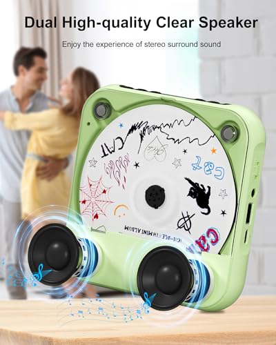 Image of ENVYCLOUD CD Player Portable with Dual Stereo Speakers, Rechargeable Portable Player with Bluetooth for Home with Headphones, Support CD /AUX /USB,Green
