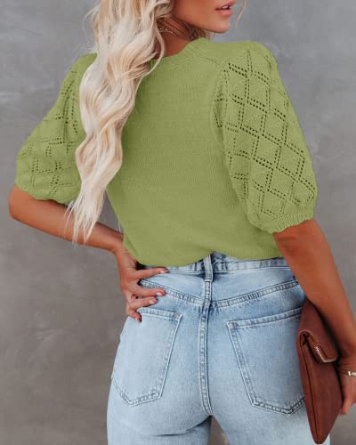 Image of Womens Short Sleeve Sweaters Crewneck Knit Pullover Tops 2025 Summer Casual Lightweight Crochet Blouse Shirt