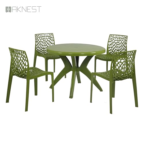 Image of Supreme Web Chair & Marina Table 5-Piece Set | Heavy Duty Plastic 4-Seater Dining Set for Living Room, Garden, Cafe & Outdoor Balcony, Color: Mehandi Green