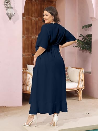 Image of SCOMCHIC Women Plus Size Maxi Dress Short Sleeve Wrap V Neck High Low Split Ruffle Long Dress