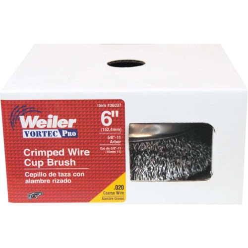 Image of Weiler 36037 Vortec Pro 6 inch Crimped Wire Cup Brush, .020 inch Steel Fill, 5 /8 inch-11 UNC Nut, Made in the USA