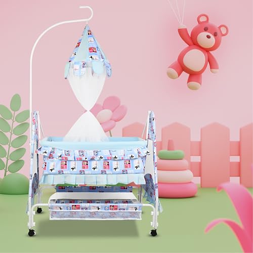 Image of New Born Baby Soft Seat Cradle with Swing and Mosquito Net, Four Wheels with Brake Lock for Swing Cradle /Jhula /Palna /Bed /Baby Safe for 0-2 Years(Sky Blue)