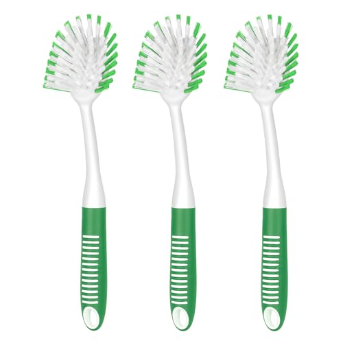 Image of SetSail Dish Brush with Handle, 3 Pack Stiff Bristles Dish Scrubber with Built-in Scraper Dish Scrub Brushes for Cleaning Dishes, Pots and Pans, Kitchen Sink, Green