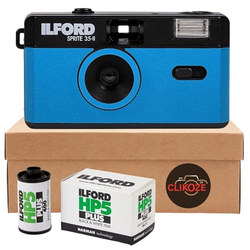 35mm Film Camera Bundle with Ilford Sprite HP5 Analogue Film Camera, Ilford 35mm Film in Black and White 36 EXP Film and Clikoze Film Photography Tips Card (Blue)