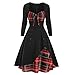 Shineshae Damen Schleifenkleid Elegantes klassisches Kleid Kariertes Patchworkkleid Zweireihige Knopfdekoration,Retro charmante Frühling und Herbst Langarm Rock