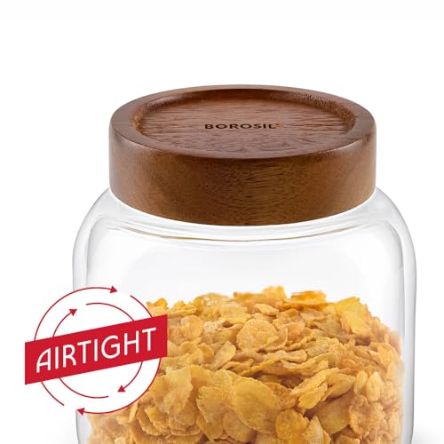 Image of Borosil Glass Jar with Acacia Wood Lid | Borosilicate Glass Storage Jar for Dry Fruits, Spices & Snacks | Airtight Glass Container for Kitchen & Pantry (Roundwood, 1200 ml)