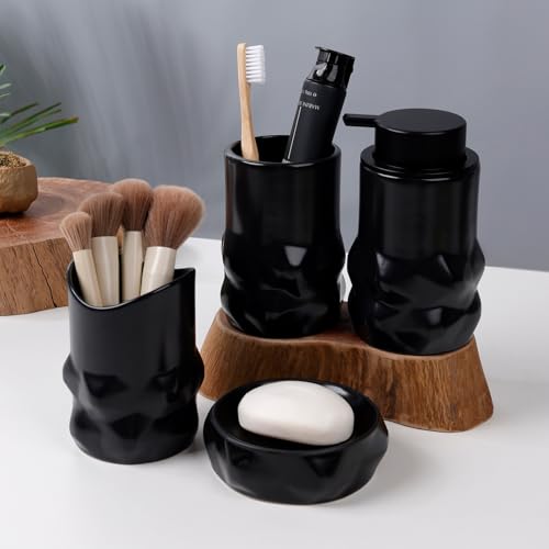 Image of BosilunLife Modern Ceramic Bathroom Accessories Set, Bathroom Counter Set Matte Black Bathroom Decor Sets Accessories Bathroom Lotion Soap Dispenser, Toothbrush Holder Set, Soap Dish, Apothecary Jars