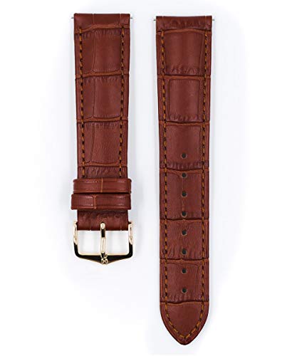Hirsch Duke Calf Watch Strap - Golden Brown Band/Gold Buckle - M - 20Mm / 18Mm - Shiny Gold Buckle - Alligator Embossed Calf Leather Band #TOP1