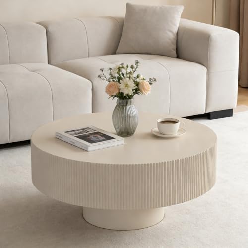 RZTPYS Table Basse Ronde À Rainures en Bois Moderne, Placage Artisanal en Relief, Piètement Solide pour Salon, Appartement, Bureau Et Petits Espaces - Beige D78,5 Cm