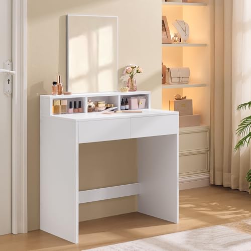 VASAGLE KAILYN Colección - Tocador, Mesa de Maquillaje con Espejo Rectangular, 2 Cajones y 3 Compartimentos, Moderno, Blanco RDT113W01