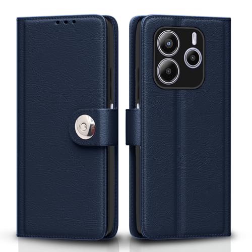 Image of Pikkme Flip Cover Leather Finish | Inside TPU with Card Pockets | Wallet Stand and Shock Proof | Complete Protection Button Flip Case for Redmi Note 14 5G (Blue)