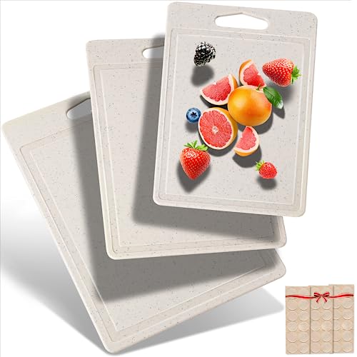 DIFULI Schneidebrett Set 3-teilig Granitoptik, 100% Rutschfeste Aufkleber und Saftkanal, BPA-Free, mit Griff Schneidebretter Kunststoff Antibakteriell, Spülmaschinenfestes, Küchenzubehör（Stroh)