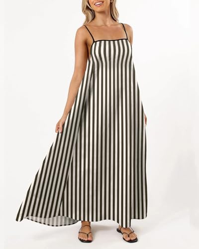 Image of Senllen Women's Linen Dress Summer Loose Flowy Sundress Contrast Spaghetti Strap Sleeveless Backless Beach Maxi Long Dresses