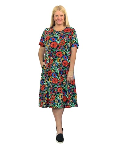 Image of LA CERA Women's Cotton Sun Dresses A-Line with Scoop Neck, Short Sleeves, Side Pockets, Floral Patterns, Machine Wash