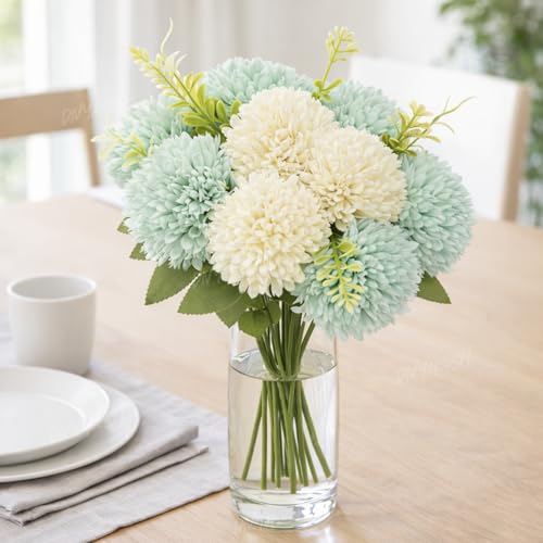 Image of Divyakosha Artificial Flower Bouquet 10 Heads (7 Mint Green & 3 Cream White) Vase Arrangement with Leaves, Faux Chrysanthemum Flowers for Home Decor