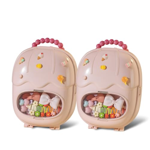 Image of KiZY Girl Kid Hair Accessories Storage Box | Hair Ties-Clips, Bow-Ribbon-Headband, Jewelry Organizer | Portable Case | Available in Multiple Design-Color. (Pack of - 2, Pink Trolly)