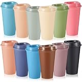 FillTouch 12 Pcs Reusable Coffee Cups with Lids 16 oz Travel Hot Cups Microwavable Plastic Tumblers Coffee Mugs Party Birthdays Gifts Adult for Hot and Cold Drinks Favors (Morandi Colors)
