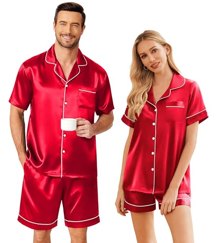 Ekouaer Couple Matching Pajamas Sets Silk Short Sleeve Button Down Sleepwear Satin Pjs Shorts Set Soft Lounge Set Red,M