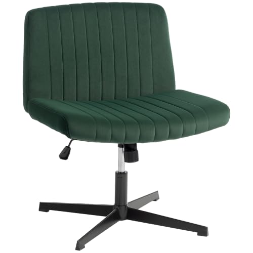 Image of HOMCOM Armless Office Chair No Wheels, Flannel Fabric Criss Cross Legged Desk Chair with Wide Seat, Thick Padding, Rock Function, Height Adjustable Swivel Computer Seat for Home, Green
