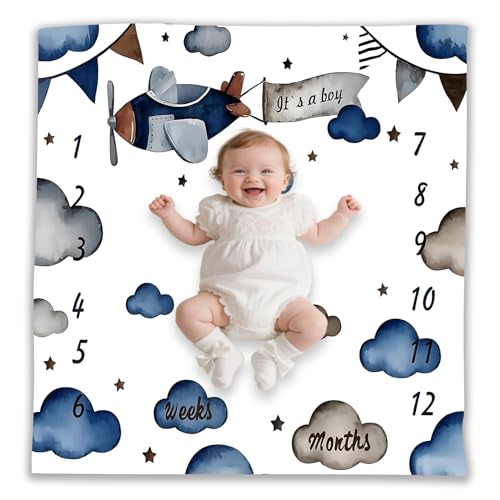 Image of Airplane Theme Baby Monthly Milestone Blanket for Boys, Soft Flannel Aircraft Pilot Cloud Stars Pattern Photography Prop Baby Shower Age Newborn Mom Gifts Nursery Decor (Gray Blue, 48x48in)