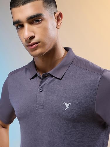 Image of TECHNOSPORT Men Polyester Self Design Polo Neck Half Sleeve T-Shirt with UPF50+, Double Cool for Gym, Sports and Regular Use