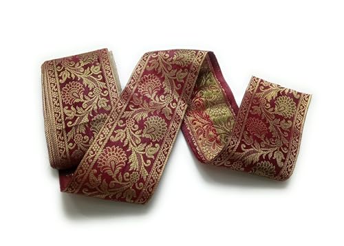 Image of Brocade Ethnic Work 9 Meter Laces and Borders Material for Dresses, Sarees, Lehenga, Suits, Blouses, Dupatta, chunri and Crafts (Maroon)