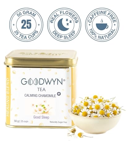Image of Goodwyn Chamomile Tea (50g) Real Chamomile Flowers | Caffeine-Free Herbal Tea | Promotes Relaxation, Calm Sleep, Stress Relief | Non Bitter | Reusable Tin Can | Premium Hamper Gift Souvenir