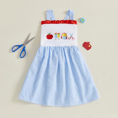 Little Girls Back to School Straps Dress Summer Ruffle Seersucker Gingham Smocked Dress First Day of School Outfit2
