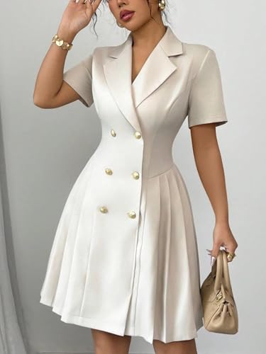 Women’s Elegant Double-Breasted Pleated Blazer Dress Short Sleeve Notch Lapel A-Line Slim Fit Suit Dress Business Office3