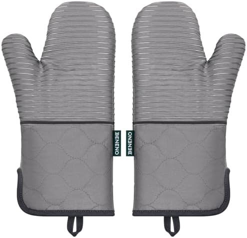 Beneno Non-Slip Silicone Textured Cotton Oven Mitts, Heat Resistant up to 500° F, Flexible Grip with 14.3