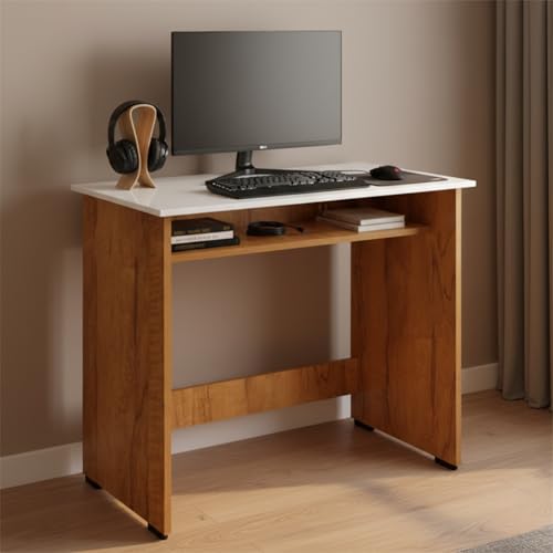 Image of Amazon Brand - Solimo Study Table with Under-Desk Storage Shelf | Desktop Computer Table for PC, Laptop, Study, Drawing & Gaming | Office Furniture for Home Office | 80x45x76.5 cm | Teak & White