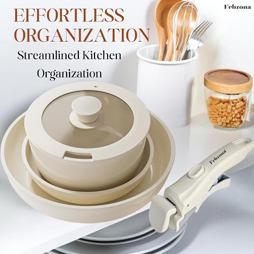 Image of 6 Pcs Pots and Pans Non Stick Cookware Combo Set Induction Ready, with Detachable Handle, Stackable Kitchen Cooking Set Removable Handles, Oven Safe, frypan Tea pan Utensils (Cream White)