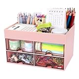 Meiikun Desk Organizer and Accessories, Plastic Stationery Storage Box with 4 Drawers, 3 Compartments & a Top Tray, Bathroom Organizers Makeup Brush Holder for Women, 21 cm x 14.2 cm x 12.2 cm (Pink)