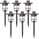 SOLPEX 6 Pack Solar Path Lights Outdoor, Glass and Bronze Finished, High Lumen Output 2 Bright LEDs Light, Waterproof Automatic Solar Lights for Patio, Yard, Lawn, Garden