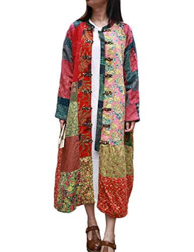 LUZU JUNU Gabardina de lino y algodón para mujer, con estampado floral, estilo chino, patchwork, para exteriores, cada pieza única, Amarillo, Large