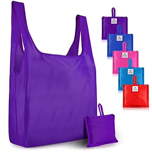 Zulay Kitchen 5 Pack 50 Pound Reusable Grocery Bags - Large Foldable Reusable Bags With Handles and Drawstring Bag - Durable Machine Washable Reusable Shopping Bags Foldable (Assorted) -  Z-RBL-SHPG-BGS-5P-BPPRT