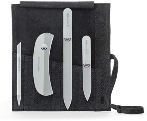 GERMANIKURE Crystal Glass Nail File Set in Black Suede Case – Handmade in Czech Republic – Professional Manicure & Pedicure Supplies – Glass Cuticle Stick, Pusher, Moon File