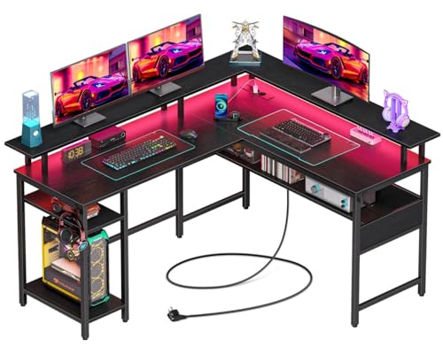 Rolanstar Bureau Gaming 137×108 cm - Bureau d'angle Ordinateur avec LED RGB, Prise USB/Électrique,...