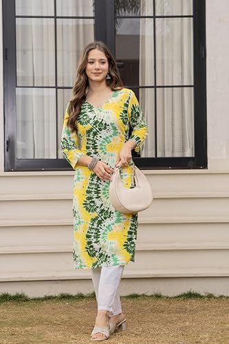 Image of Women's Tie-Dye Printed Kurti, V-Neck, 3 /4 Sleeves, Multicolour, Casual Wear