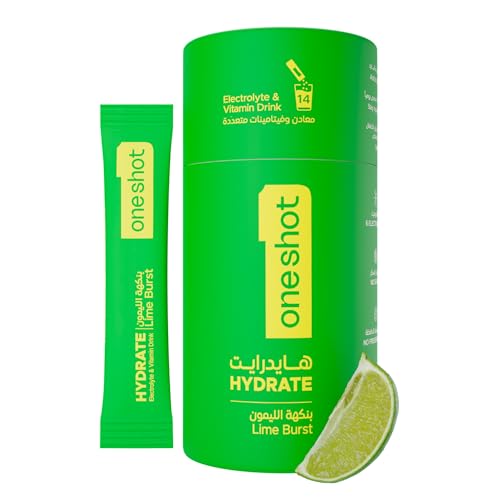 oneshot Daily Hydration, Sugar Free Electrolyte Powder Drink Mix with Vitamins and Zinc, No Aftertaste, Lemon Lime Flavor, 14 Sachets