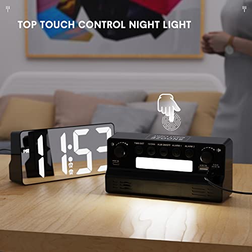 Digital Alarm Clocks For Bedrooms,7"Led Mirror Bedside Clock With Type C&Usb Charging Port,Night Light,7 Volume,Dimmable,Snooze Mode,Extra Loud Dual Alarm Clock For Adults Teens Senior Room Decor #TOP5