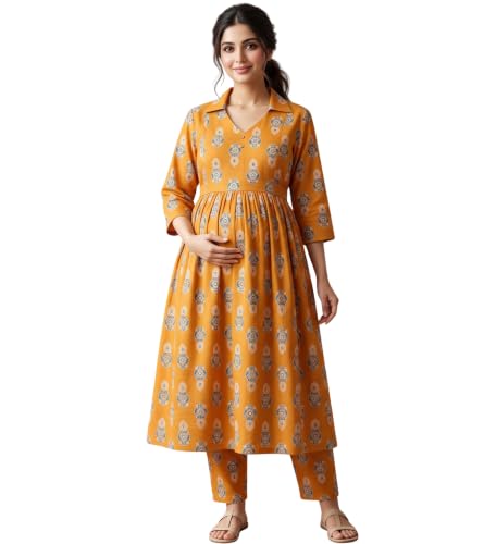 Image of DUMMY SHAPE Maternity Dresses for Women Cotton | Floral Kurta Pant Dupatta Set with Nursing Zippers, Side Pocket | Pre & Post Pregnancy | Feeding Kurti Suit | Baby Shower | Gifts for Pregnant Woman