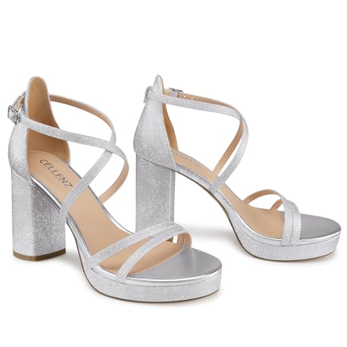 Image of CELLENZ Women Strappy Platform Heels: 3.4 Inch Chunky Heeled Sandals, Comfortable Sexy Block High Heels, for Prom Party Bridal Wedding Black White Silver Nude Dressy Shoes