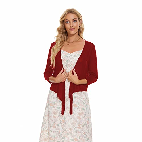 Women's Tie Front Bolero Cardigan Shrug Sweater 3/4 Sleeve Knotted Lightweight Short Shawl Tops Red #TOP3