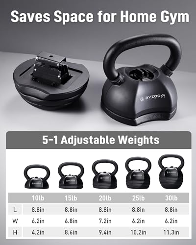 Image of BYZOOM FITNESS Pure Series Adjustable Kettlebell 30 /40 /50LB - 5-IN-1 Weight Change, Patented Quick-Change Machenism, Ergonomic Curved Handle for Home Gym, Strength Training, HIIT, White OR Black