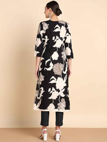 Image of Maaesa Women Casual Floral Printed Rayon Straight Kurta | V-Neck | 3 /4 Sleeves | Lightweight & Breathable Fabric